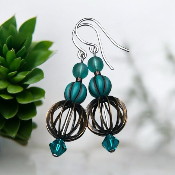 Hand crafted Teal and Brass Earrings - Picture 5 of 10